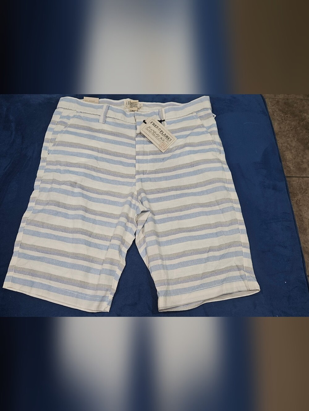 Free Planet Mens Light Blue, White & Gray Striped Shorts